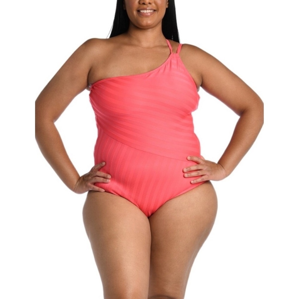 Nwt La Blanca Linea Costa One Shoulder One-Piece Swimsuit, Coral Sun - Size 16